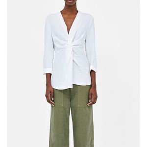 NWOT Zara White Linen Blend Twist Front V Neck Long Sleeve Blouse Size XL
